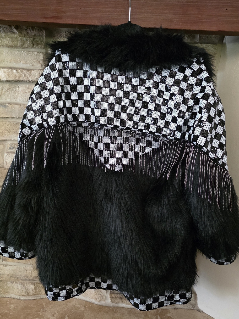 Kate Hewko Sequin Black & White Checkerboard Faux Fur Fringe Jacket - Picture 2 of 4